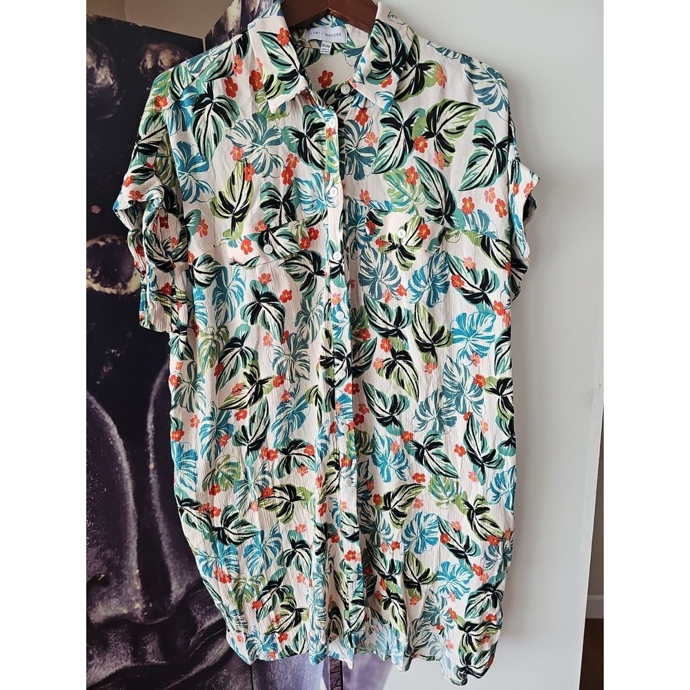 LOST + WANDER Cap Sleeve Swim Cover Button‎ Front Gauze Floral Print Size XL/2XL
